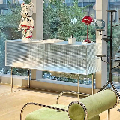 Modern Luxury Square Tempered Glass Stainless Steel Legs Storage Sideboard 1-Cabinet For Dining Room
