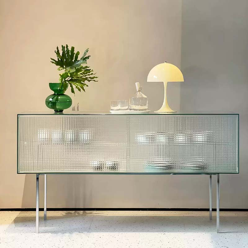 Modern Luxury Square Tempered Glass Stainless Steel Legs Storage Sideboard 1-Cabinet For Dining Room