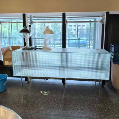 Modern Luxury Square Tempered Glass Stainless Steel Legs Storage Sideboard 1-Cabinet For Dining Room
