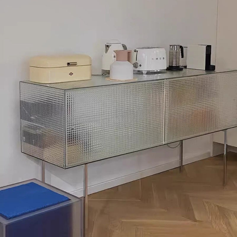Modern Luxury Square Tempered Glass Stainless Steel Legs Storage Sideboard 1-Cabinet For Dining Room