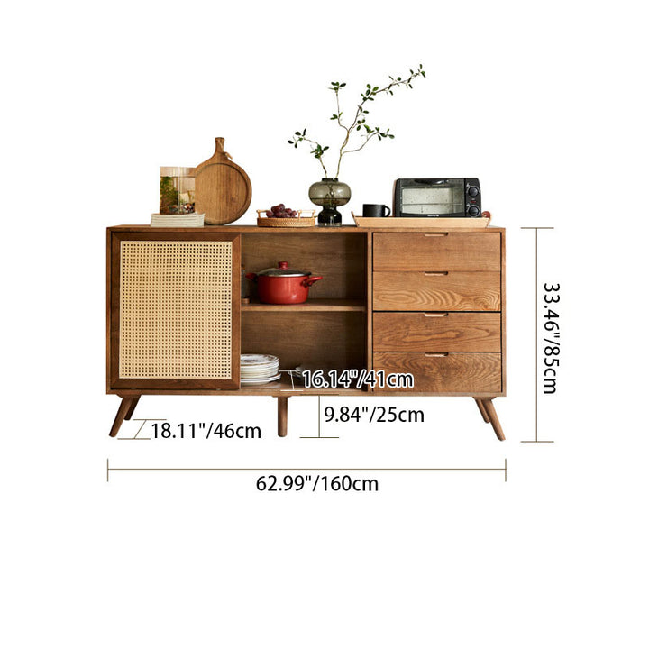 Traditional Vintage Rectangular Ash Wood Indonesian Rattan Storage Sideboard 1-Cabinet 4-Drawer For Dining Room