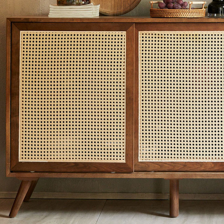 Traditional Vintage Rectangular Ash Wood Indonesian Rattan Storage Sideboard 1-Cabinet 4-Drawer For Dining Room
