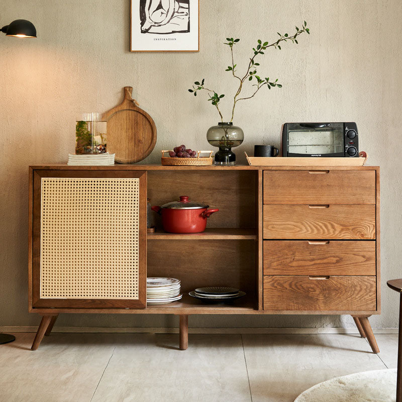 Traditional Vintage Rectangular Ash Wood Indonesian Rattan Storage Sideboard 1-Cabinet 4-Drawer For Dining Room