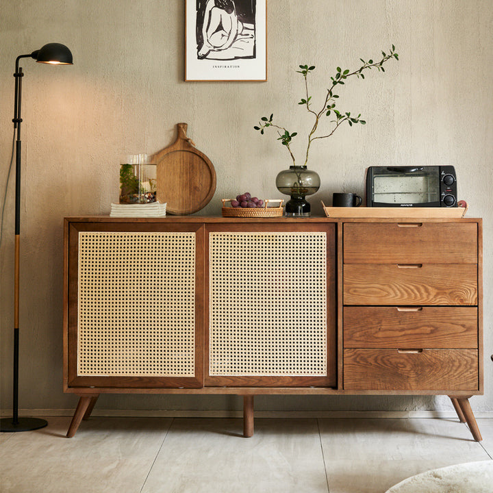 Traditional Vintage Rectangular Ash Wood Indonesian Rattan Storage Sideboard 1-Cabinet 4-Drawer For Dining Room