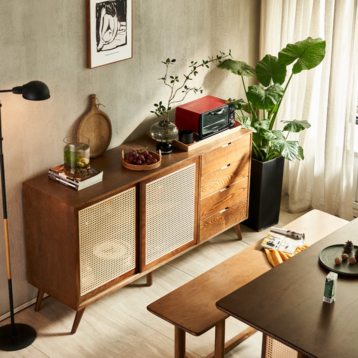 Traditional Vintage Rectangular Ash Wood Indonesian Rattan Storage Sideboard 1-Cabinet 4-Drawer For Dining Room