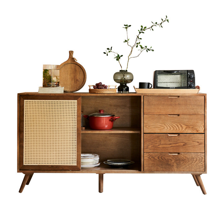Traditional Vintage Rectangular Ash Wood Indonesian Rattan Storage Sideboard 1-Cabinet 4-Drawer For Dining Room