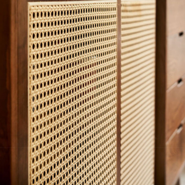 Traditional Vintage Rectangular Ash Wood Indonesian Rattan Storage Sideboard 1-Cabinet 4-Drawer For Dining Room