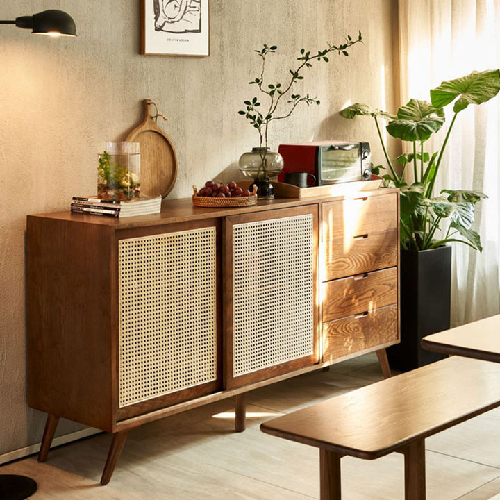 Traditional Vintage Rectangular Ash Wood Indonesian Rattan Storage Sideboard 1-Cabinet 4-Drawer For Dining Room