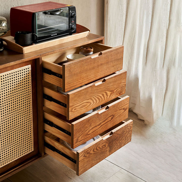 Traditional Vintage Rectangular Ash Wood Indonesian Rattan Storage Sideboard 1-Cabinet 4-Drawer For Dining Room