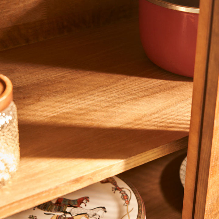 Traditional Vintage Rectangular Ash Wood Indonesian Rattan Storage Sideboard 1-Cabinet 4-Drawer For Dining Room