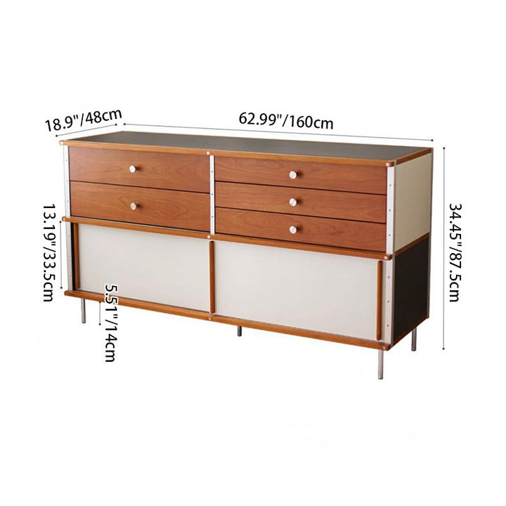 Traditional Vintage Rectangular Stone Slab Pine Wood Storage Sideboard 5-Drawer 1-Cabinet For Dining Room