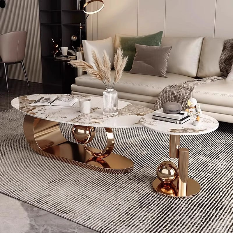 Table basse créative en pierre ovale de luxe moderne avec base en acier au carbone pour salon 