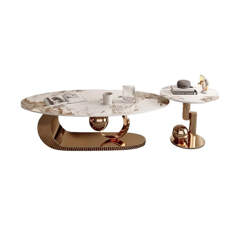 Modern Luxury Oval Stone Slab Creative Carbon Steel Base Coffee Table For Living Room