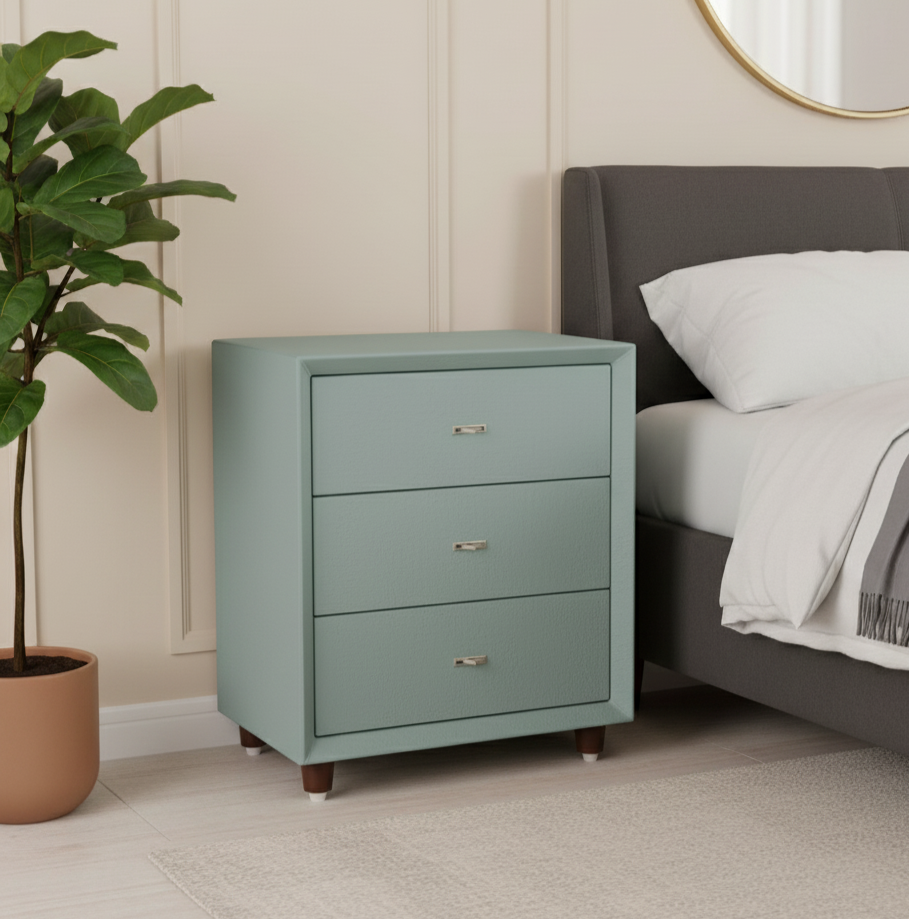 Table de chevet contemporaine scandinave bleu poudré à 3 tiroirs - table de chevet en similicuir mat, meuble de rangement minimaliste pour la chambre 