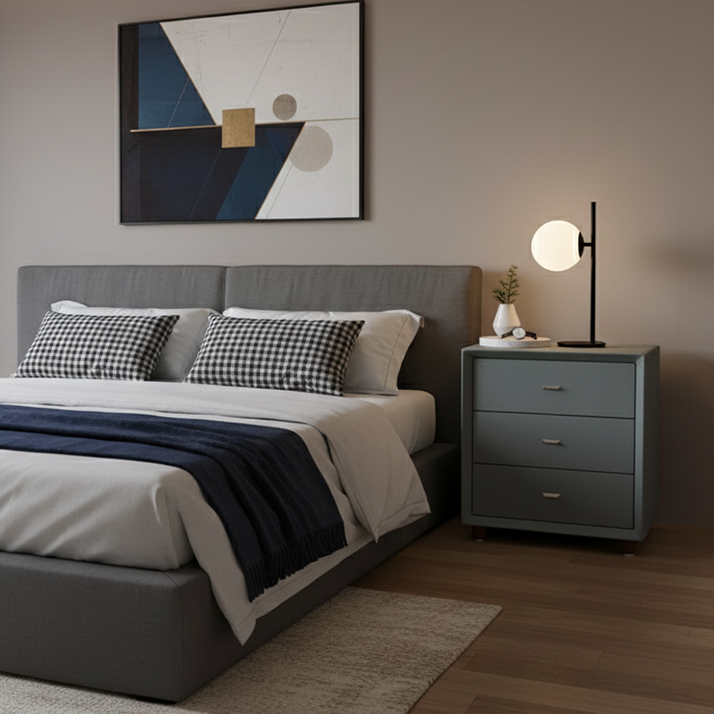 Table de chevet contemporaine scandinave bleu poudré à 3 tiroirs - table de chevet en similicuir mat, meuble de rangement minimaliste pour la chambre 
