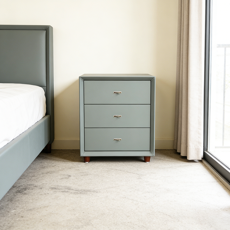 Table de chevet contemporaine scandinave bleu poudré à 3 tiroirs - table de chevet en similicuir mat, meuble de rangement minimaliste pour la chambre 