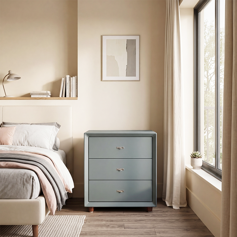 Table de chevet contemporaine scandinave bleu poudré à 3 tiroirs - table de chevet en similicuir mat, meuble de rangement minimaliste pour la chambre 