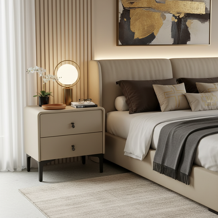 Contemporary Scandinavian Storage Nightstand - Cream Faux Leather Dual Drawer Bedside Table For Bedroom