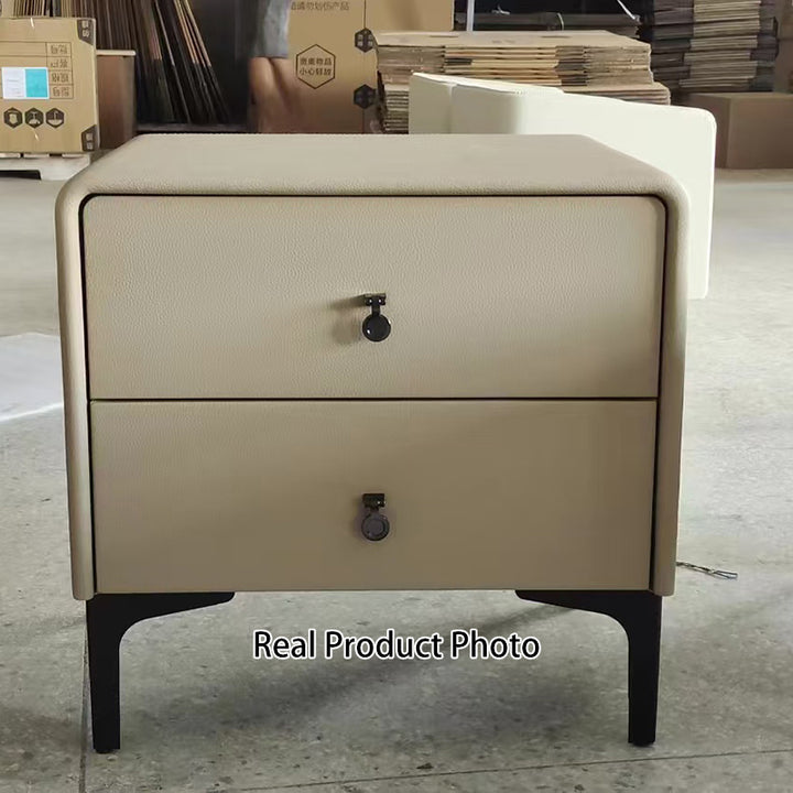 Contemporary Scandinavian Storage Nightstand - Cream Faux Leather Dual Drawer Bedside Table For Bedroom