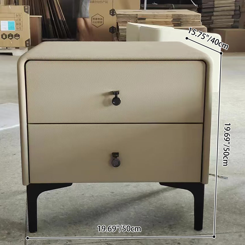 Contemporary Scandinavian Storage Nightstand - Cream Faux Leather Dual Drawer Bedside Table For Bedroom