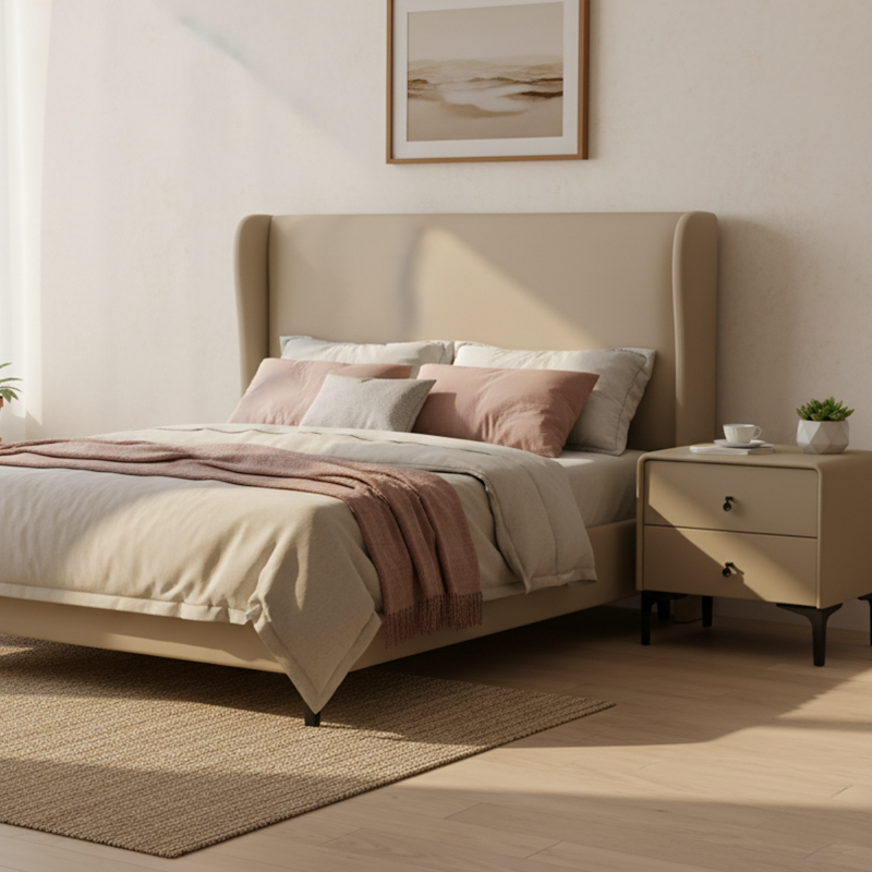 Contemporary Scandinavian Storage Nightstand - Cream Faux Leather Dual Drawer Bedside Table For Bedroom
