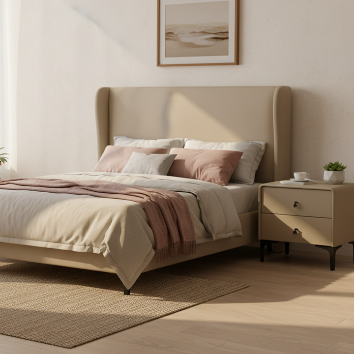 Contemporary Scandinavian Storage Nightstand - Cream Faux Leather Dual Drawer Bedside Table For Bedroom