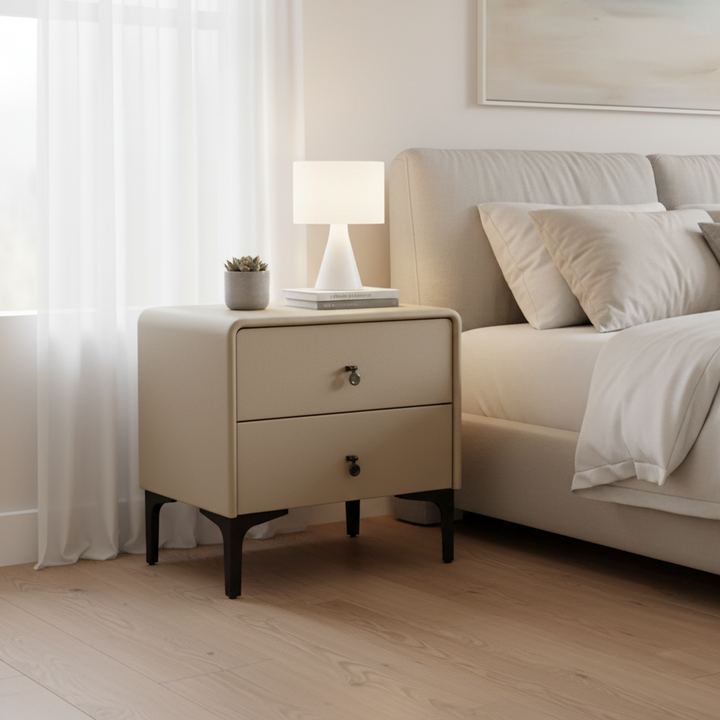 Contemporary Scandinavian Storage Nightstand - Cream Faux Leather Dual Drawer Bedside Table For Bedroom
