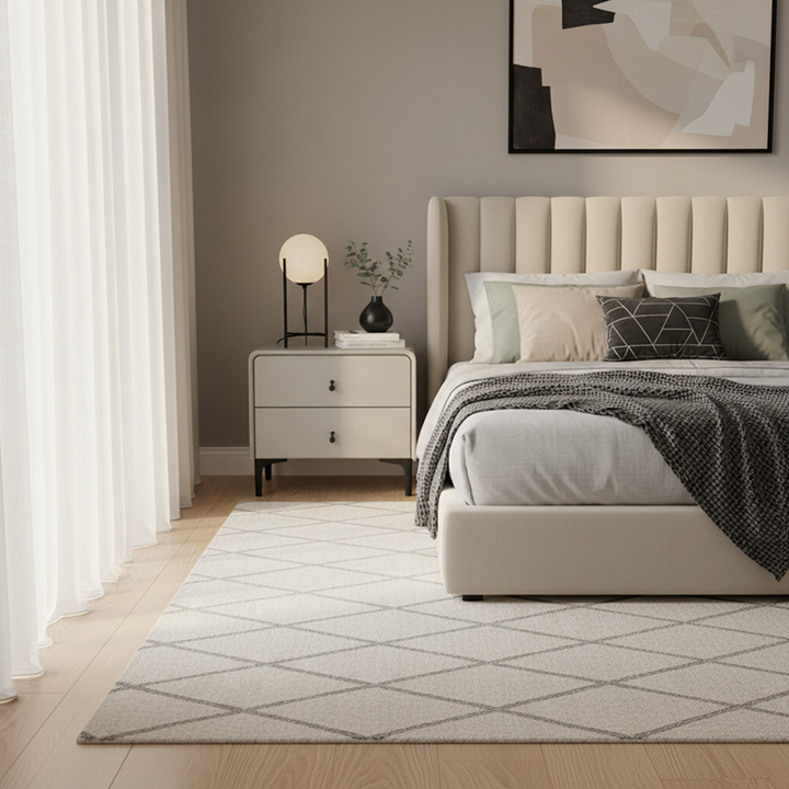 Contemporary Scandinavian Storage Nightstand - Cream Faux Leather Dual Drawer Bedside Table For Bedroom