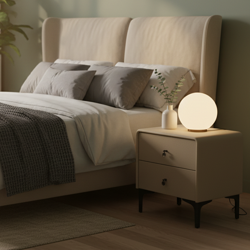 Contemporary Scandinavian Storage Nightstand - Cream Faux Leather Dual Drawer Bedside Table For Bedroom