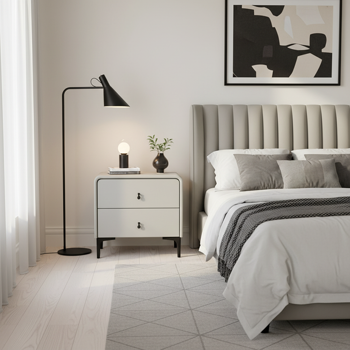 Contemporary Scandinavian Storage Nightstand - Cream Faux Leather Dual Drawer Bedside Table For Bedroom