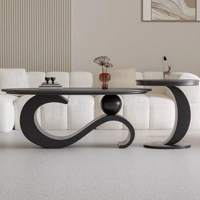 Contemporary Scandinavian Oval Stone Slab Carbon Steel Coffee Table For Living Room
