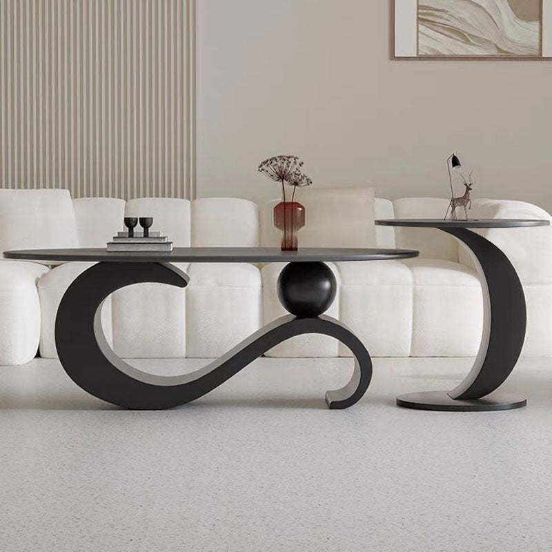 Table basse ovale contemporaine scandinave en dalle de pierre et acier au carbone pour salon 