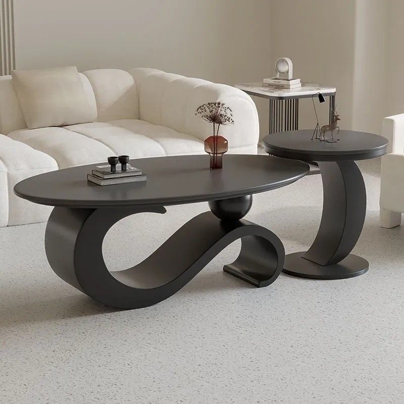 Contemporary Scandinavian Oval Stone Slab Carbon Steel Coffee Table For Living Room