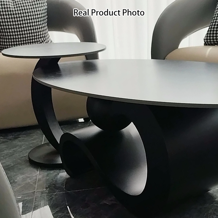 Table basse ovale contemporaine scandinave en dalle de pierre et acier au carbone pour salon 