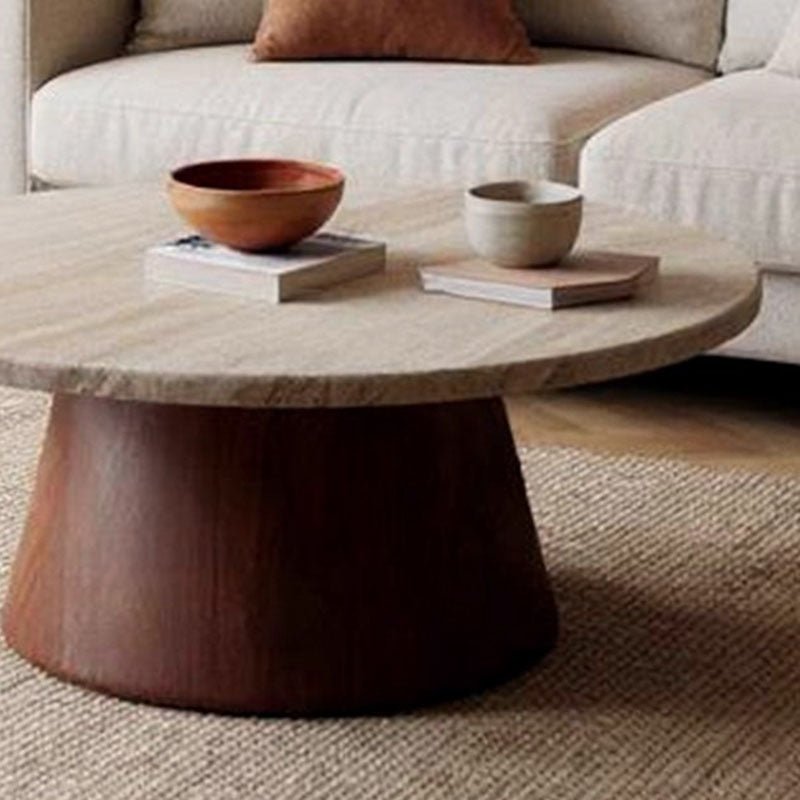 Traditional Japanese Round Travertine Carbon Steel Coffee Table For Living Room
