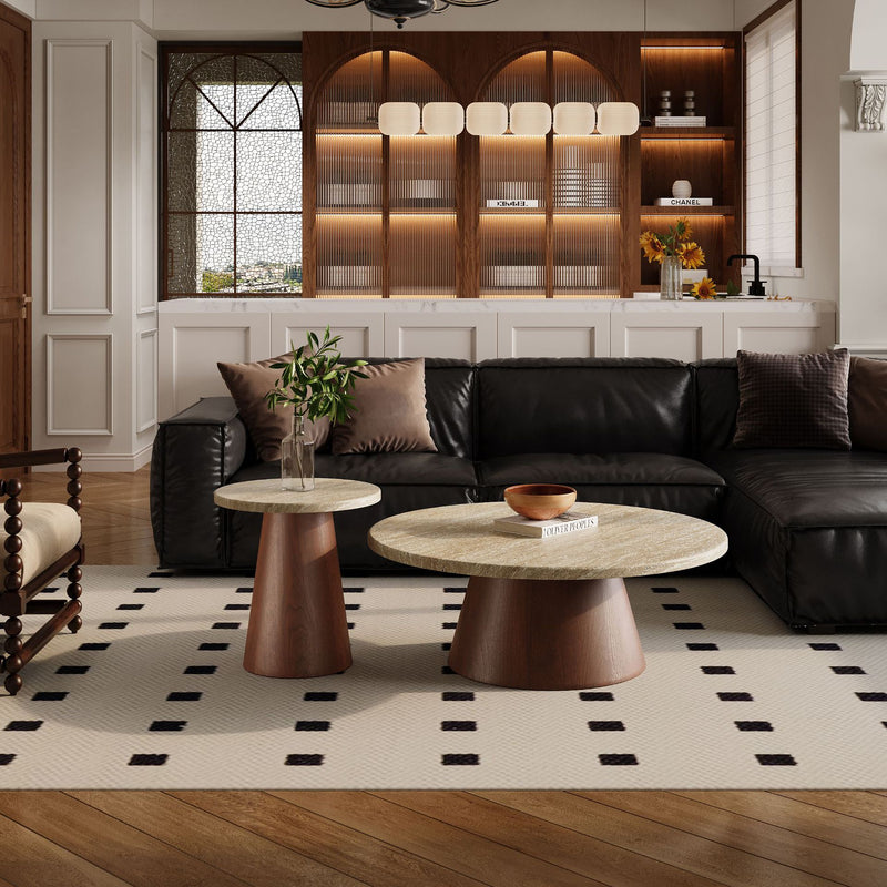 Traditional Japanese Round Travertine Carbon Steel Coffee Table For Living Room