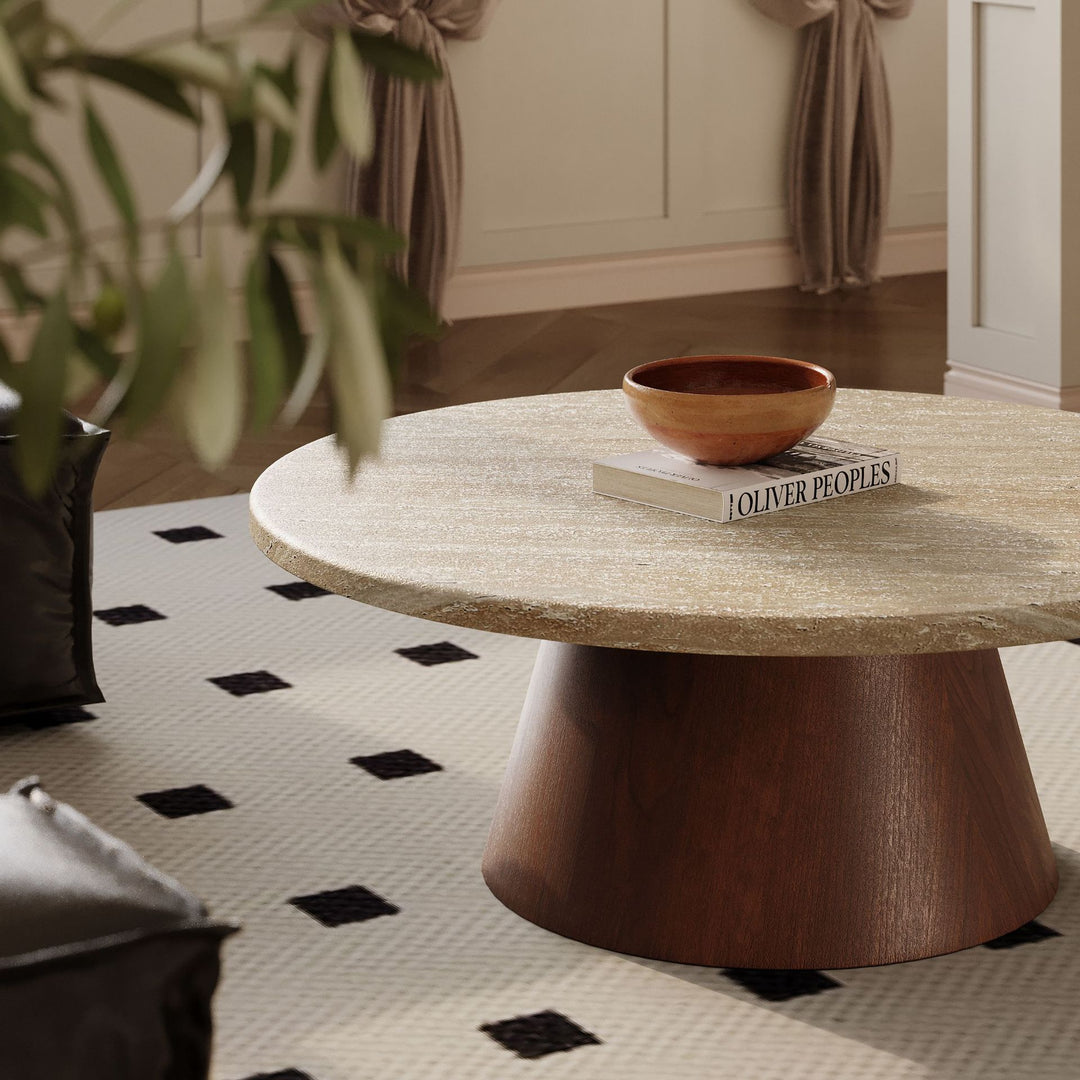 Table basse ronde traditionnelle japonaise en travertin et acier au carbone pour salon 