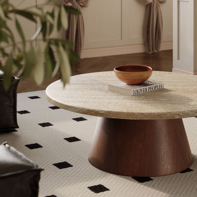 Traditional Japanese Round Travertine Carbon Steel Coffee Table For Living Room
