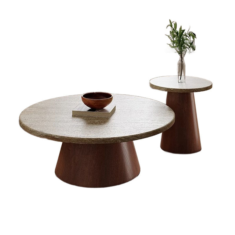 Traditional Japanese Round Travertine Carbon Steel Coffee Table For Living Room