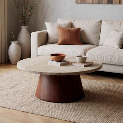 Traditional Japanese Round Travertine Carbon Steel Coffee Table For Living Room