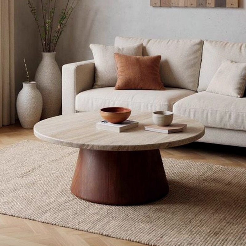 Traditional Japanese Round Travertine Carbon Steel Coffee Table For Living Room