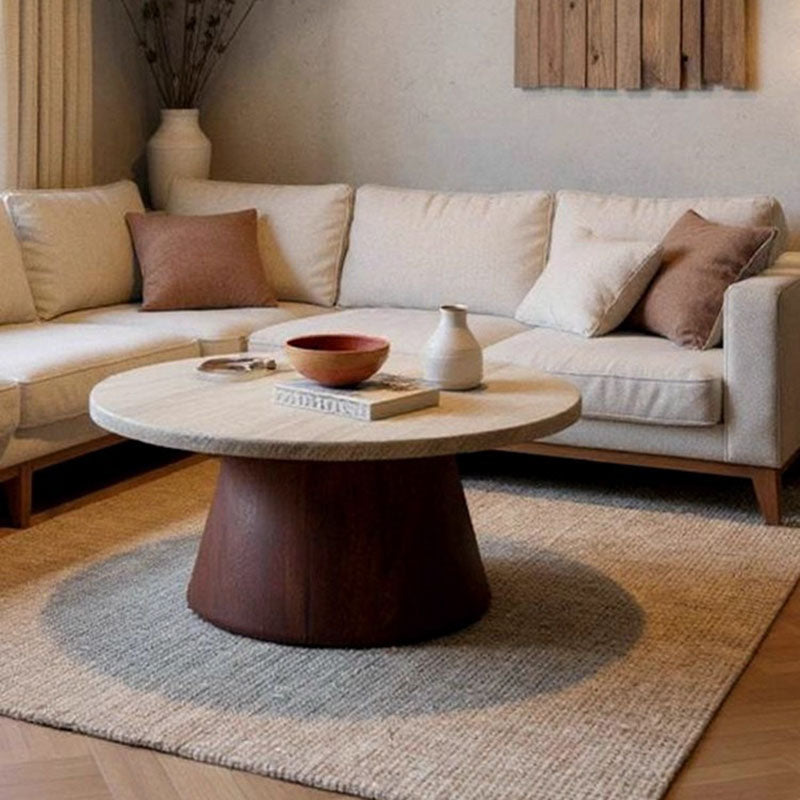 Traditional Japanese Round Travertine Carbon Steel Coffee Table For Living Room