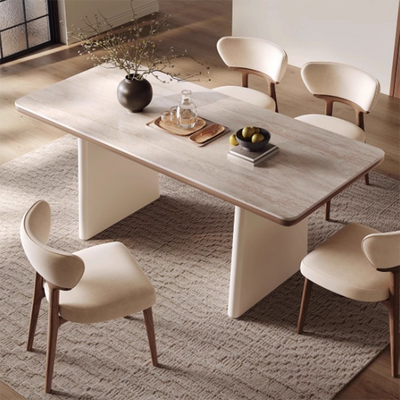 Traditional French Rectangular Stone Slab Walnut Veneer Oak Solid Wood Dining Table For Dining Room