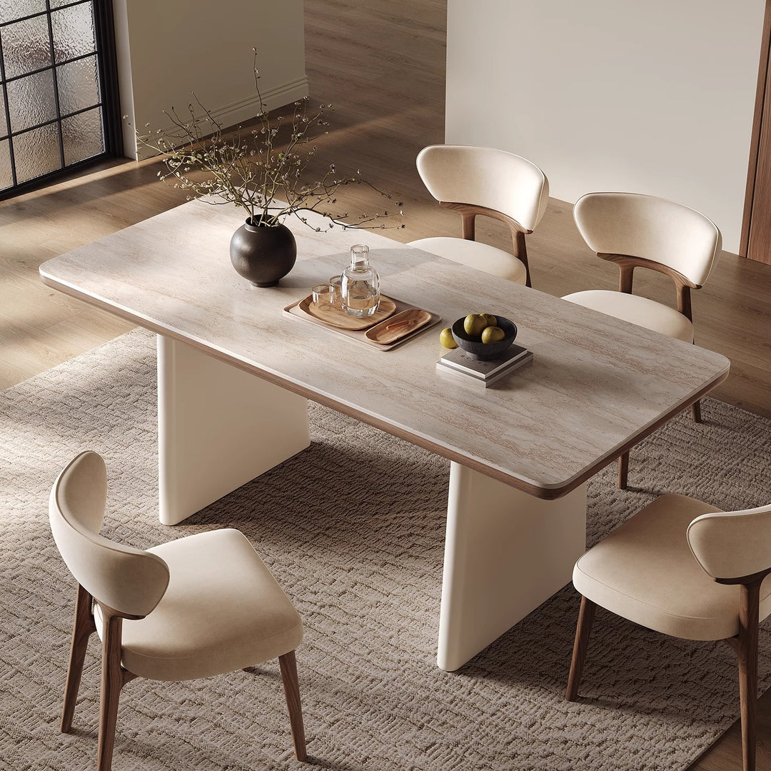 Traditional French Rectangular Fabric Stone Slab Walnut Veneer Oak Wood Dining Table &amp; Chair Set For Dining Room