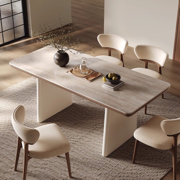 Traditional French Rectangular Fabric Stone Slab Walnut Veneer Oak Wood Dining Table &amp; Chair Set For Dining Room