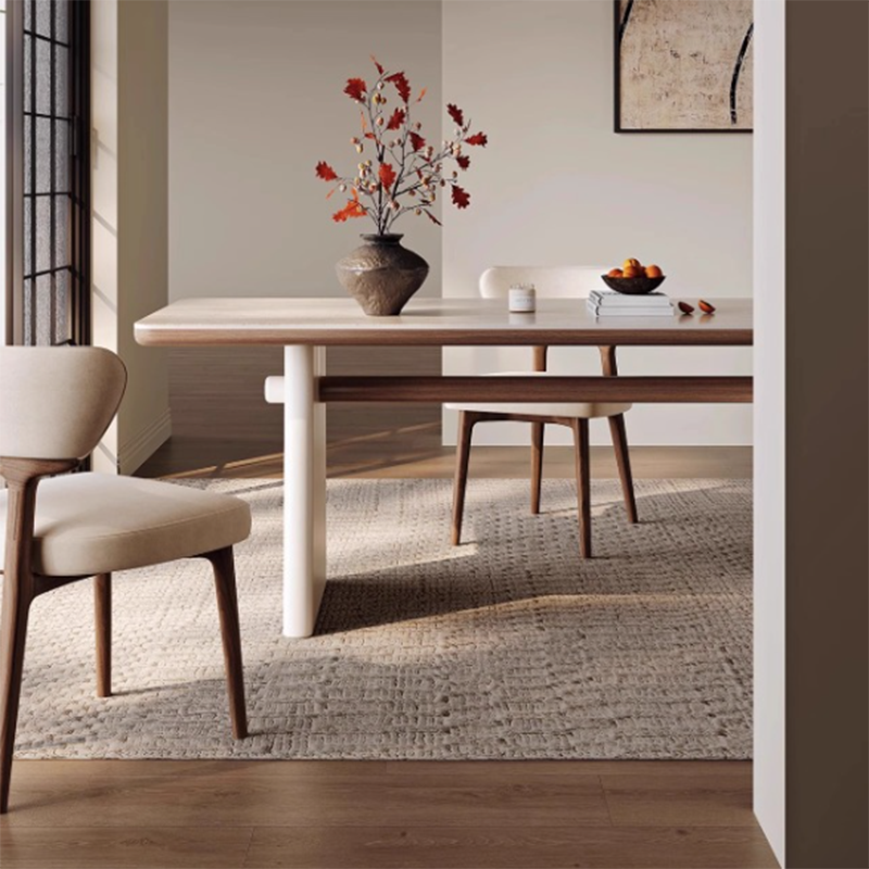 Traditional French Rectangular Fabric Stone Slab Walnut Veneer Oak Wood Dining Table &amp; Chair Set For Dining Room
