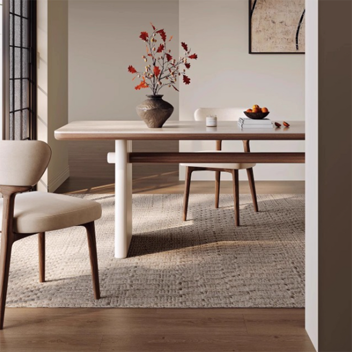 Traditional French Rectangular Fabric Stone Slab Walnut Veneer Oak Wood Dining Table &amp; Chair Set For Dining Room