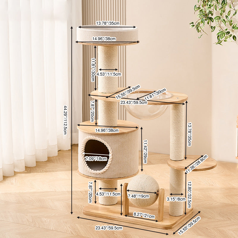 Zeitgenössischer skandinavischer runder Sisal-Mehrschicht-Vollholzpaneel-Acryl-Kratzbaum für das Wohnzimmer 