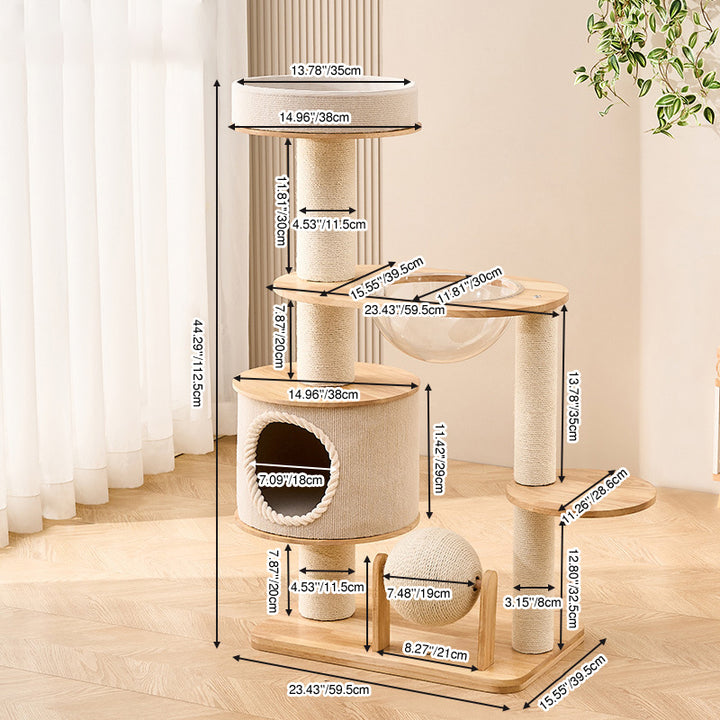 Zeitgenössischer skandinavischer runder Sisal-Mehrschicht-Vollholzpaneel-Acryl-Kratzbaum für das Wohnzimmer 