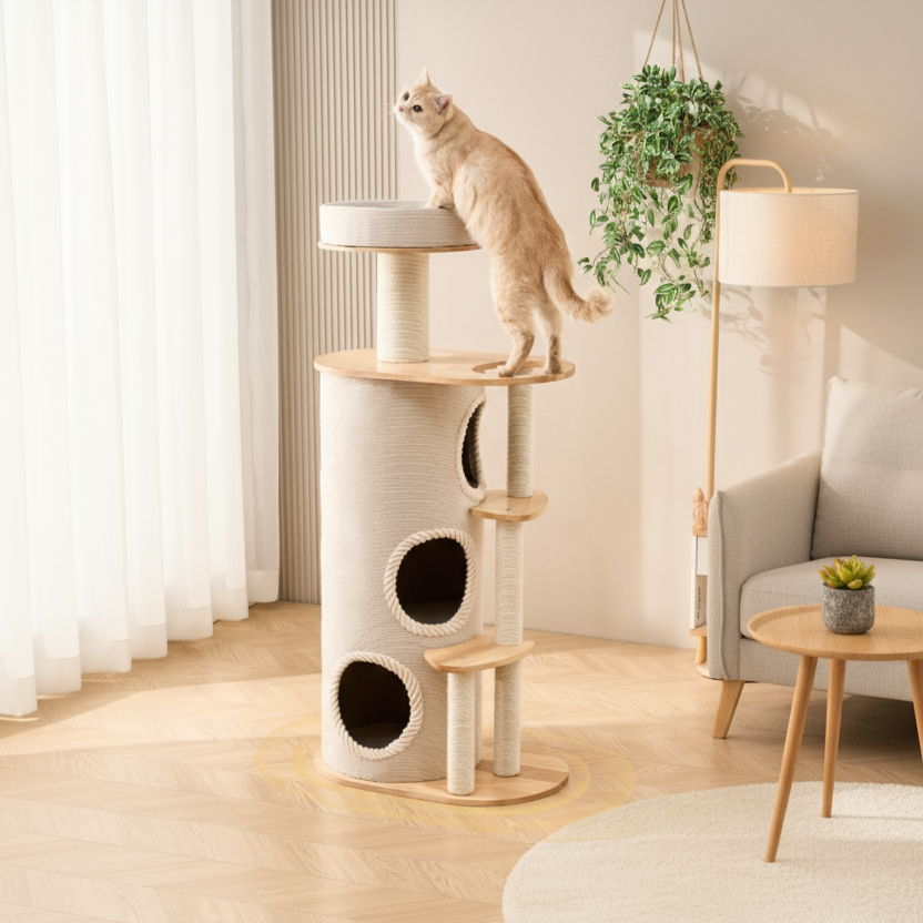 Zeitgenössischer skandinavischer runder Sisal-Mehrschicht-Vollholzpaneel-Acryl-Kratzbaum für das Wohnzimmer 